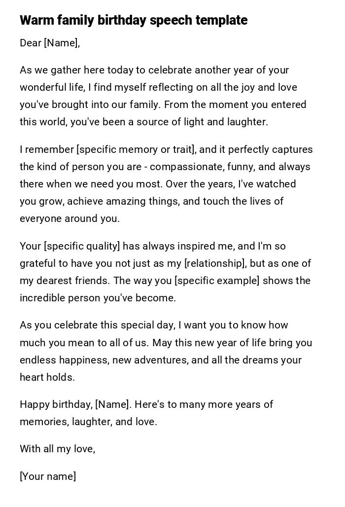 Warm family birthday speech template Warm family birthday speech template