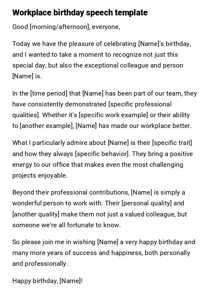 Workplace birthday speech template Workplace birthday speech template