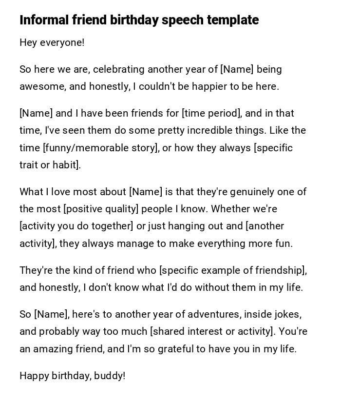 Informal friend birthday speech template Informal friend birthday speech template