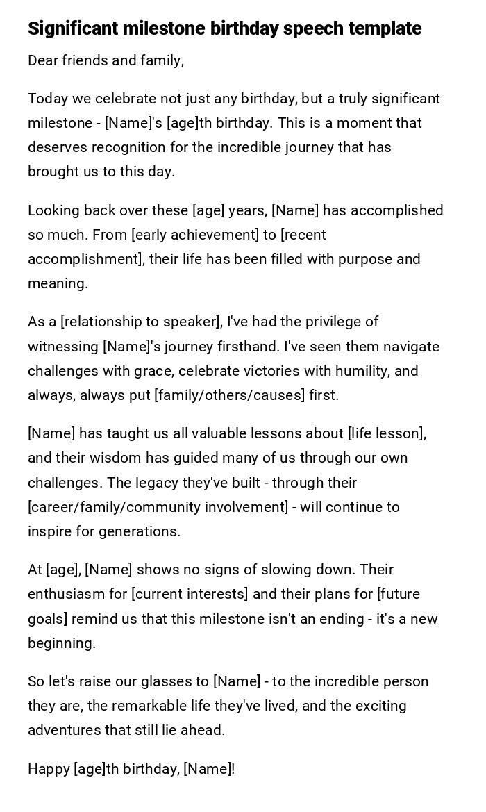 Significant milestone birthday speech template Significant milestone birthday speech template