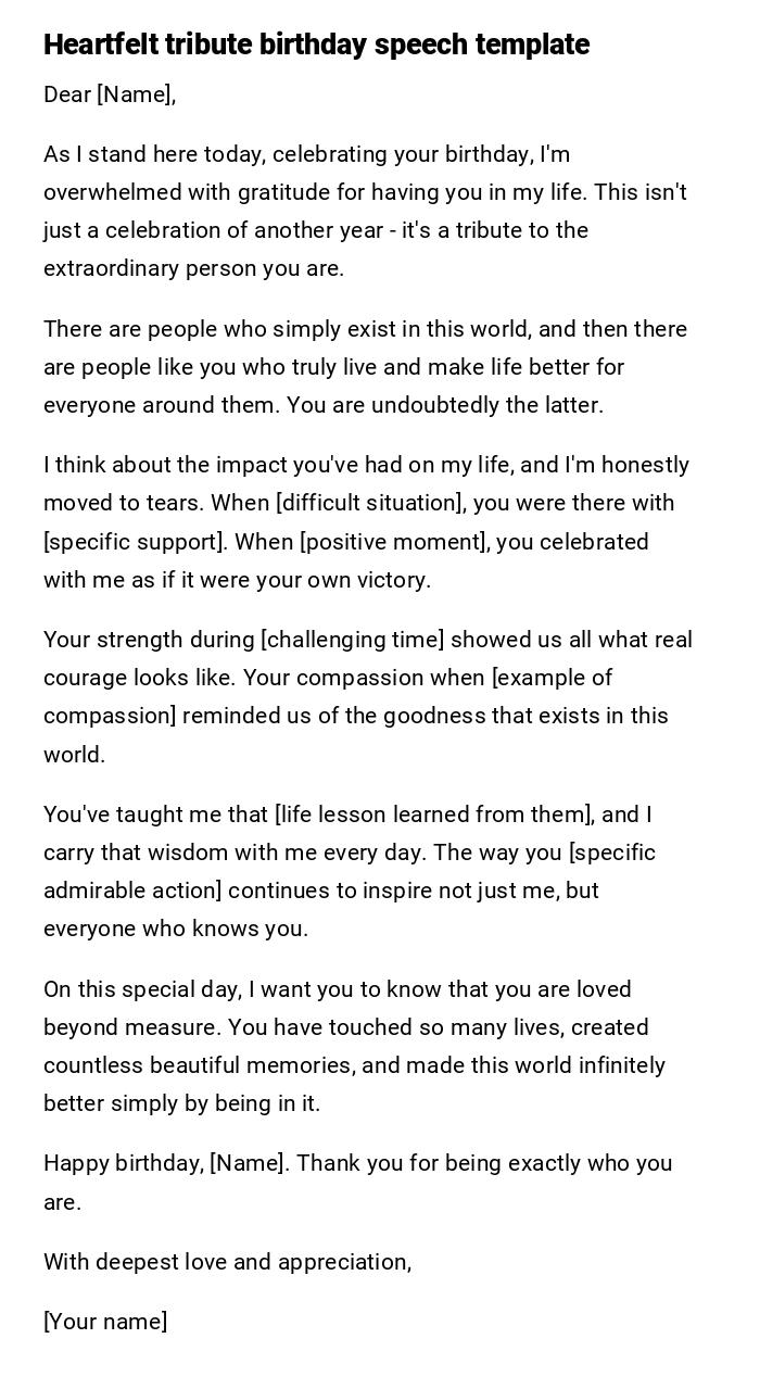 Heartfelt tribute birthday speech template Heartfelt tribute birthday speech template