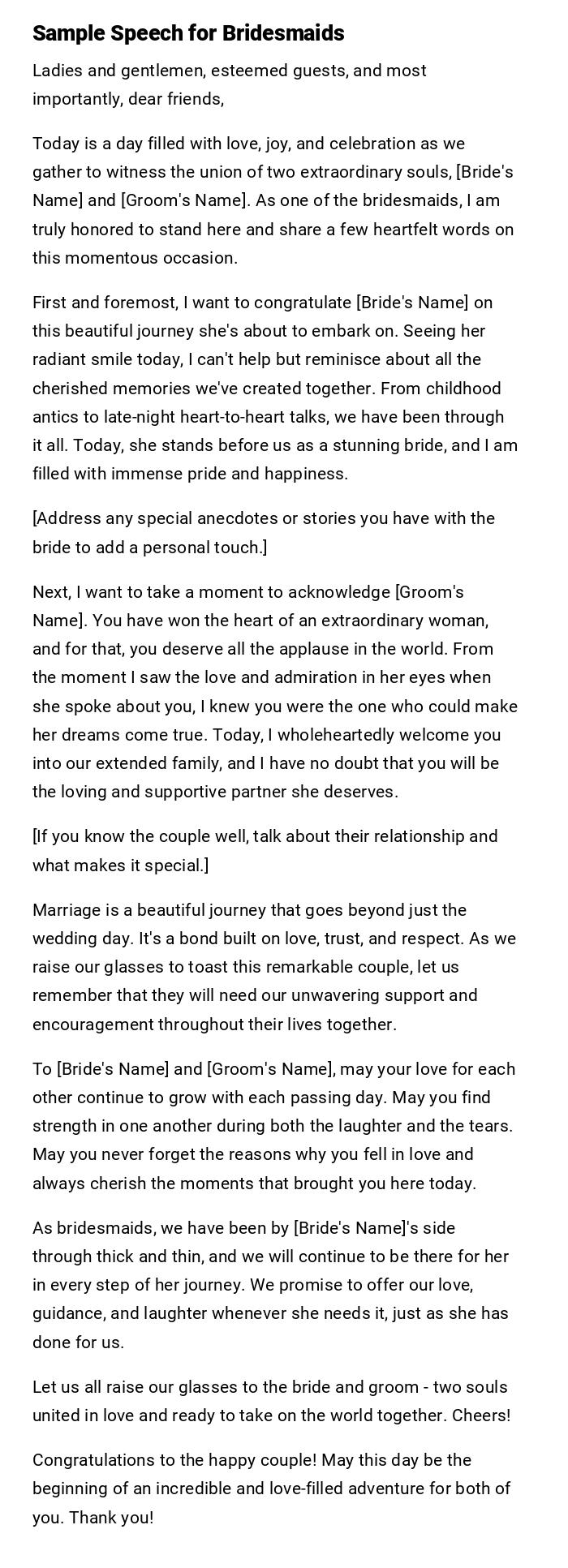 Sample Speech for Bridesmaids