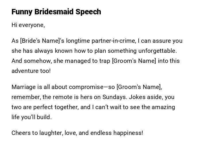 Funny Bridesmaid Speech Funny Bridesmaid Speech