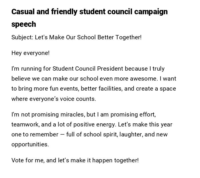 Casual and friendly student council campaign speech Casual and friendly student council campaign speech