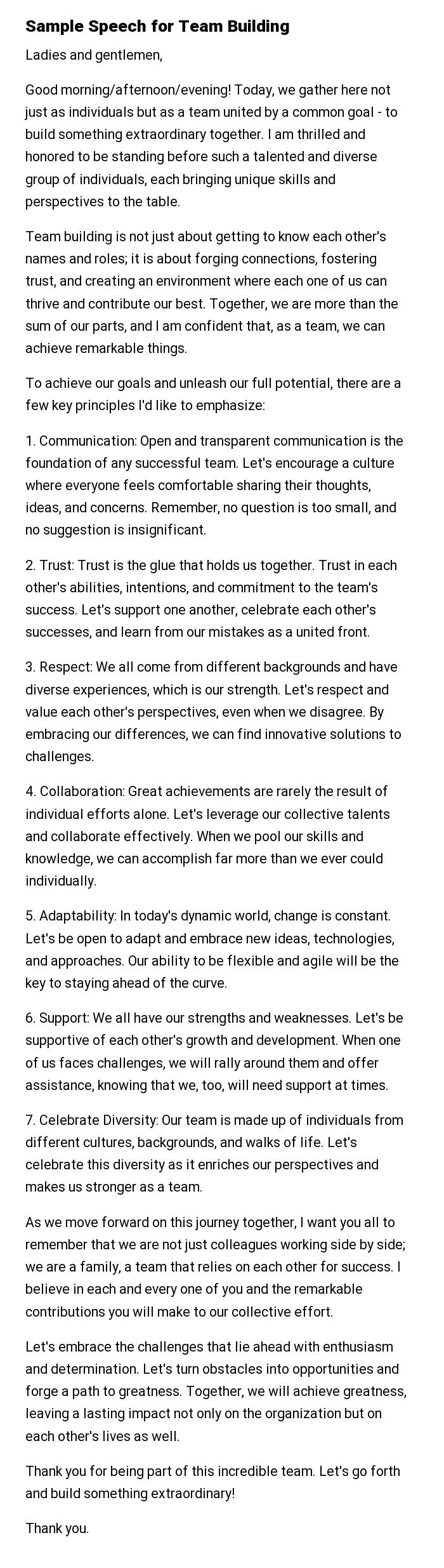 Sample Speech for Team Building