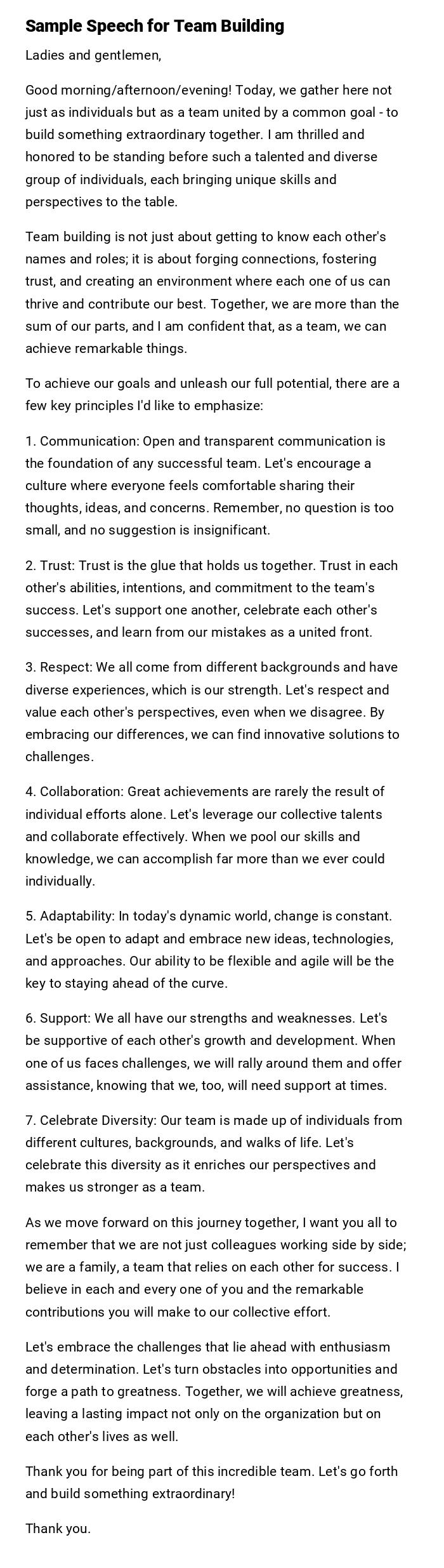 Sample Speech for Team Building