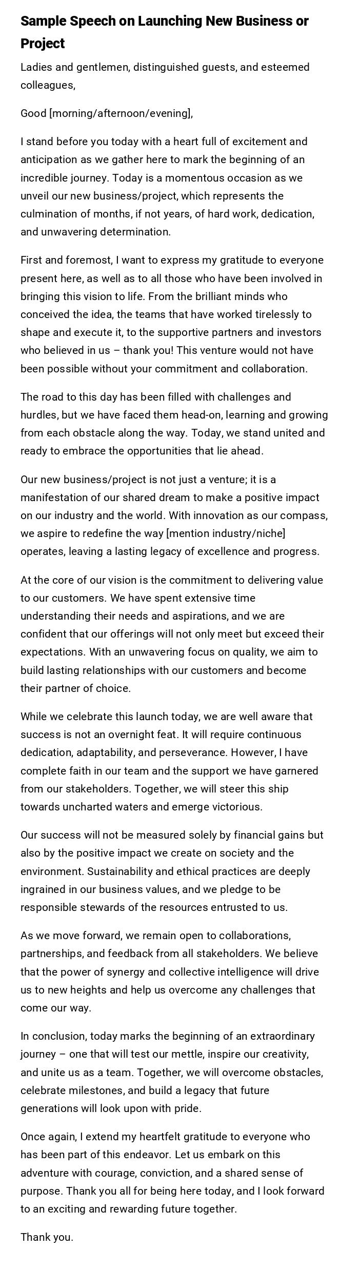 Sample Speech on Launching New Business or Project