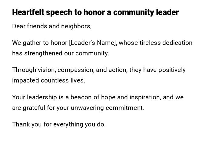 Heartfelt speech to honor a community leader Heartfelt speech to honor a community leader