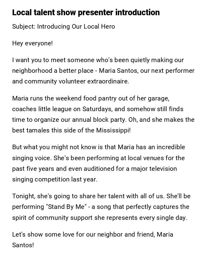 Local talent show presenter introduction