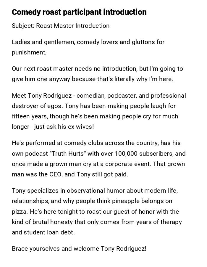 Comedy roast participant introduction