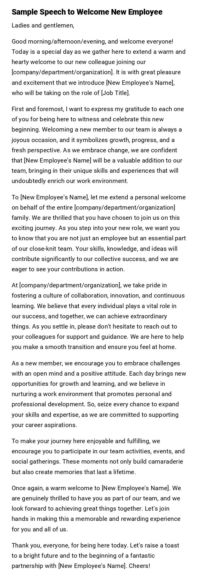 Sample Speech to Welcome New Employee