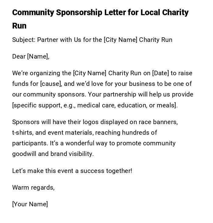 Community Sponsorship Letter for Local Charity Run Community Sponsorship Letter for Local Charity Run