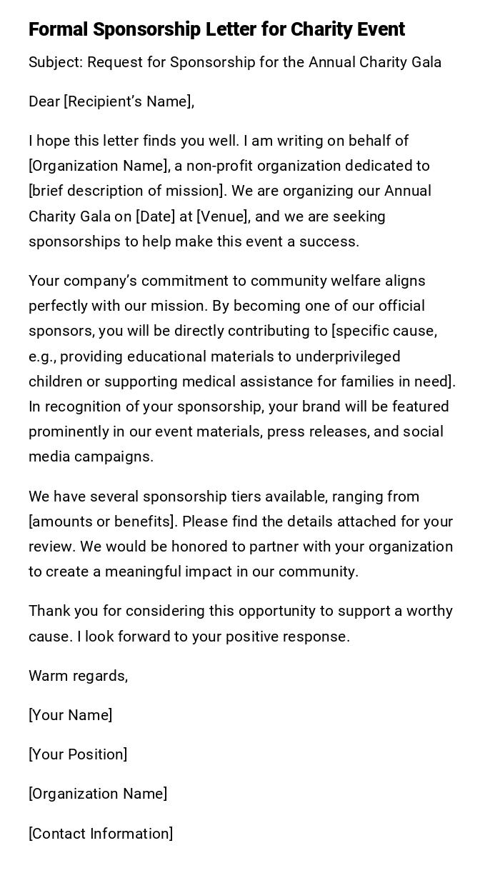 Formal Sponsorship Letter for Charity Event Formal Sponsorship Letter for Charity Event