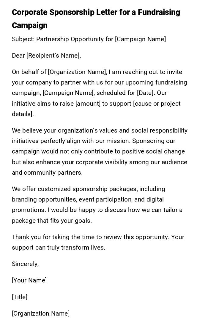 Corporate Sponsorship Letter for a Fundraising Campaign Corporate Sponsorship Letter for a Fundraising Campaign