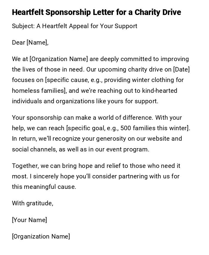 Heartfelt Sponsorship Letter for a Charity Drive Heartfelt Sponsorship Letter for a Charity Drive