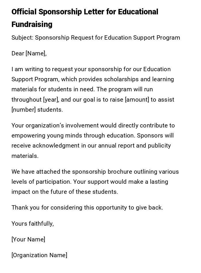 Official Sponsorship Letter for Educational Fundraising Official Sponsorship Letter for Educational Fundraising