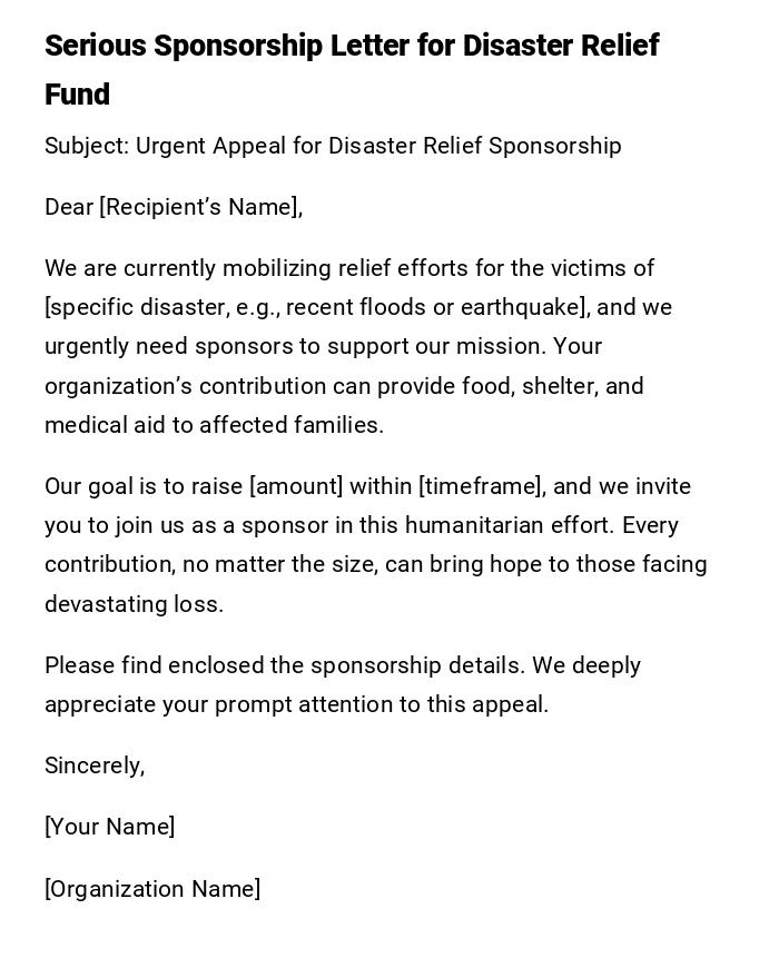 Serious Sponsorship Letter for Disaster Relief Fund Serious Sponsorship Letter for Disaster Relief Fund