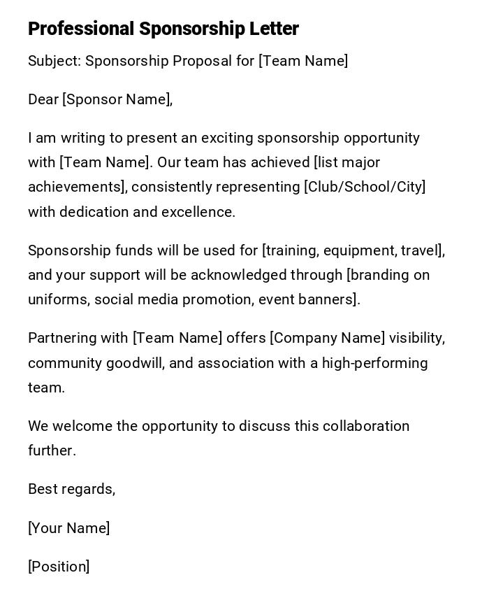 Professional Sponsorship Letter Professional Sponsorship Letter