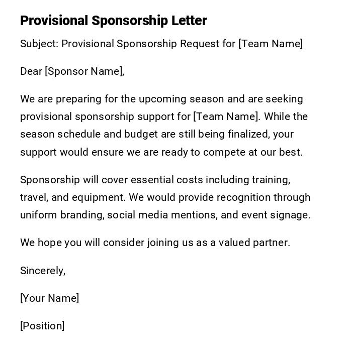 Provisional Sponsorship Letter Provisional Sponsorship Letter