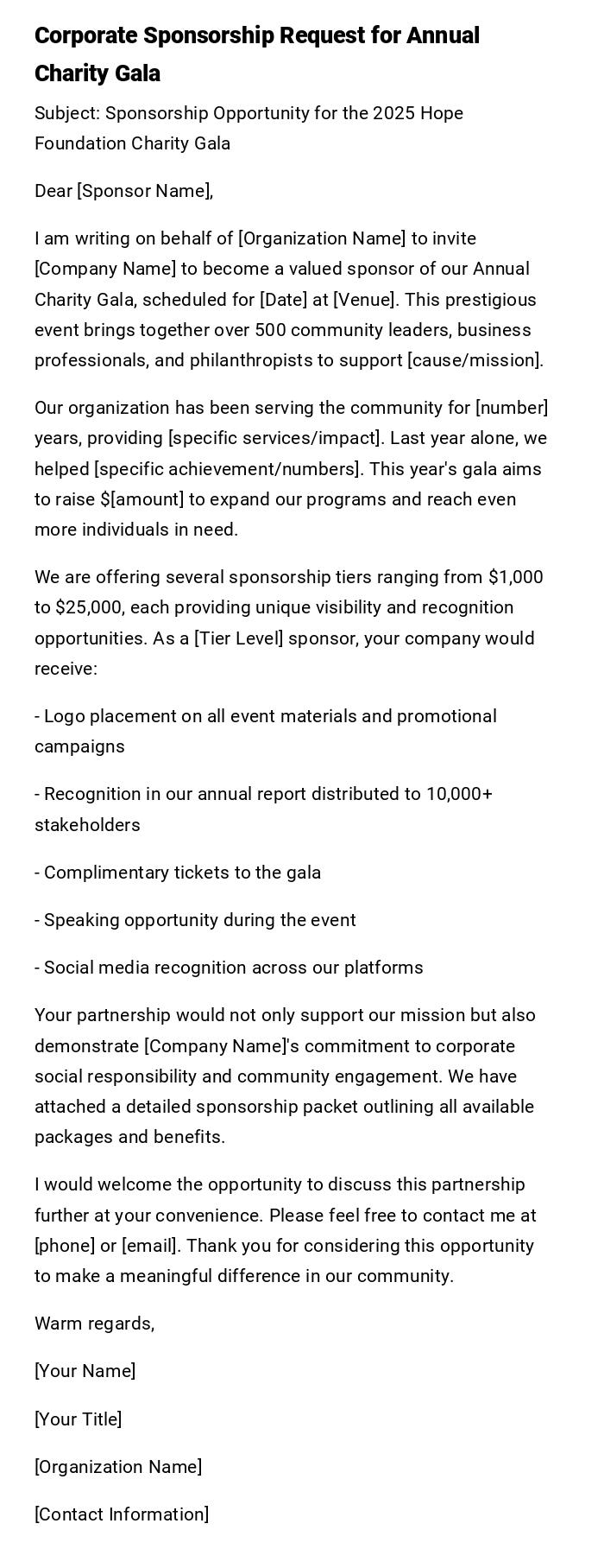 Corporate Sponsorship Request for Annual Charity Gala Corporate Sponsorship Request for Annual Charity Gala
