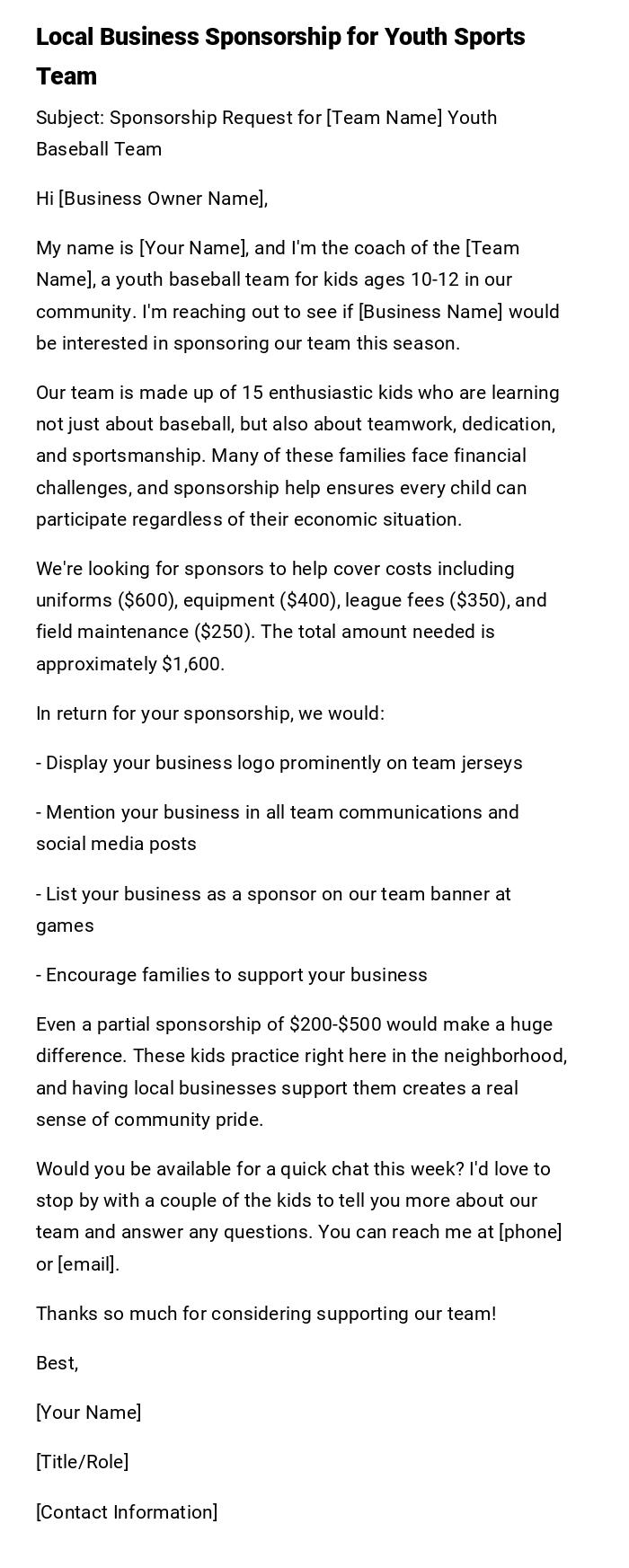 Local Business Sponsorship for Youth Sports Team Local Business Sponsorship for Youth Sports Team
