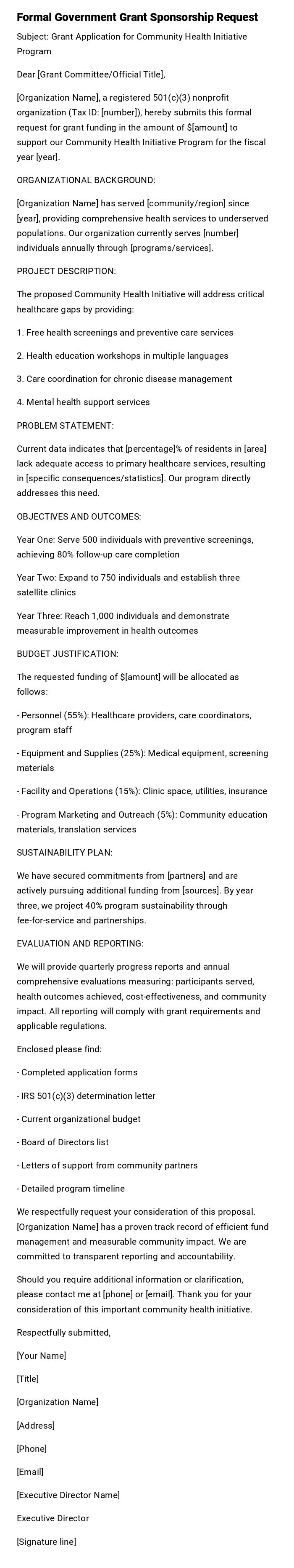 Formal Government Grant Sponsorship Request Formal Government Grant Sponsorship Request