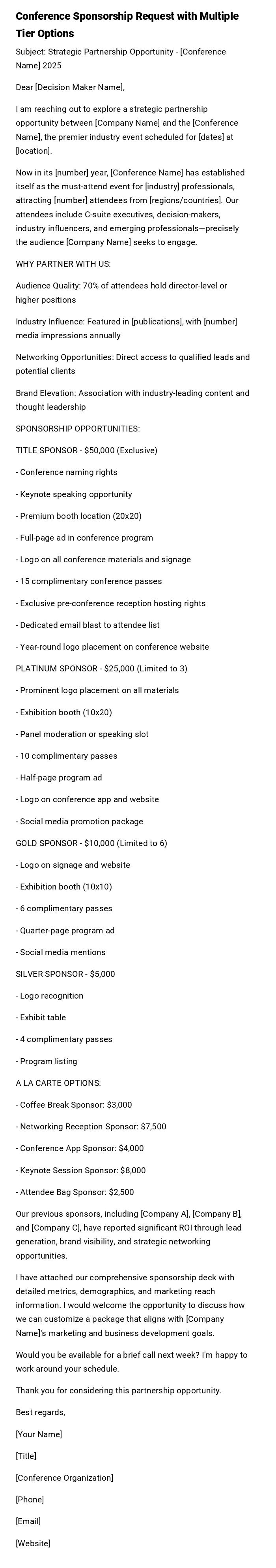 Conference Sponsorship Request with Multiple Tier Options Conference Sponsorship Request with Multiple Tier Options