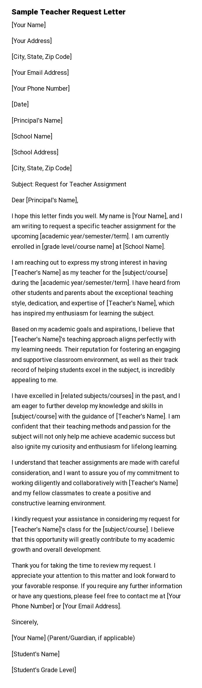 Sample Teacher Request Letter