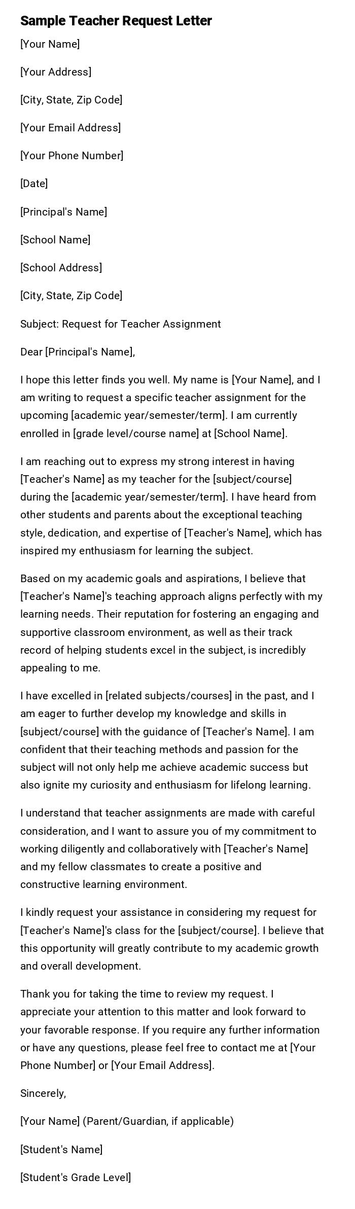 Sample Teacher Request Letter