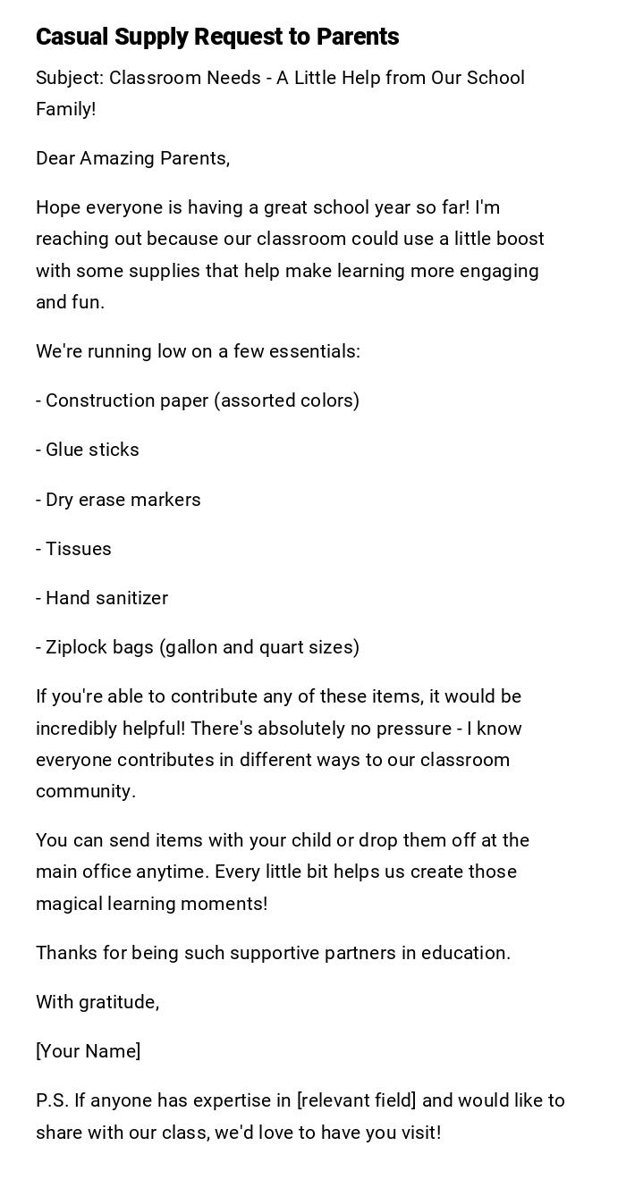 Casual Supply Request to Parents Casual Supply Request to Parents