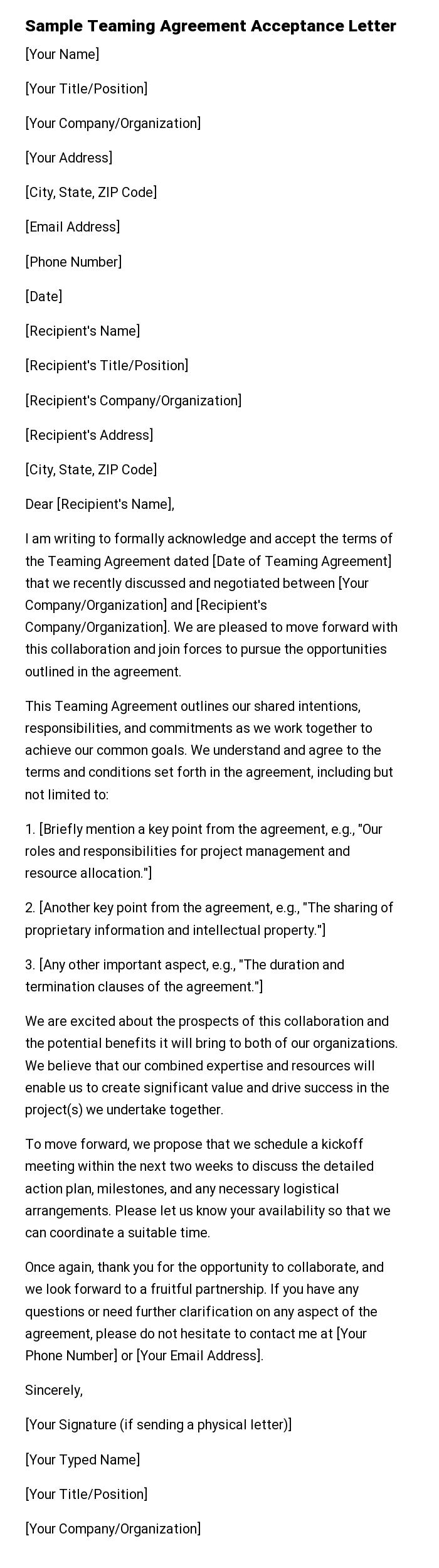 Sample Teaming Agreement Acceptance Letter