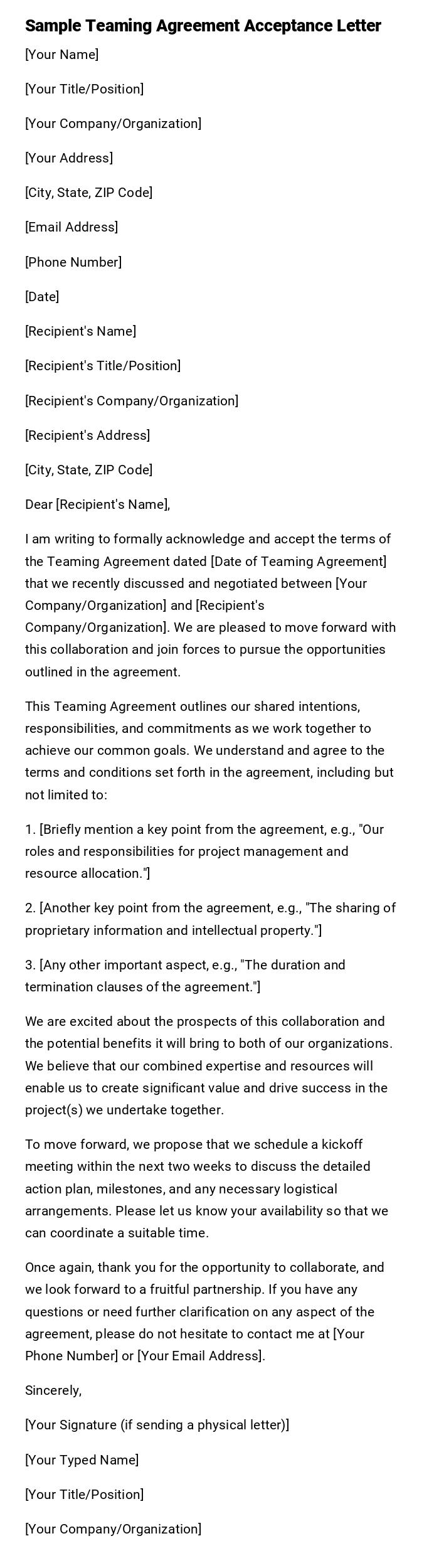 Sample Teaming Agreement Acceptance Letter