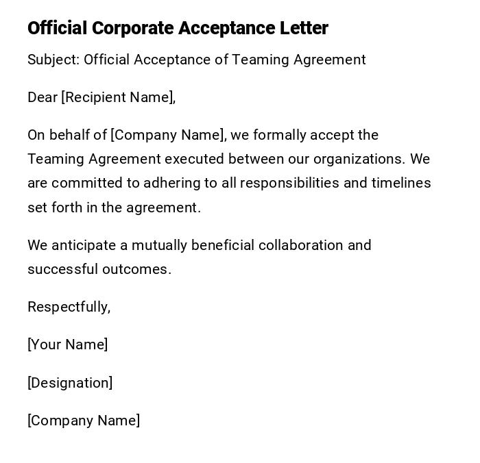 Official Corporate Acceptance Letter Official Corporate Acceptance Letter