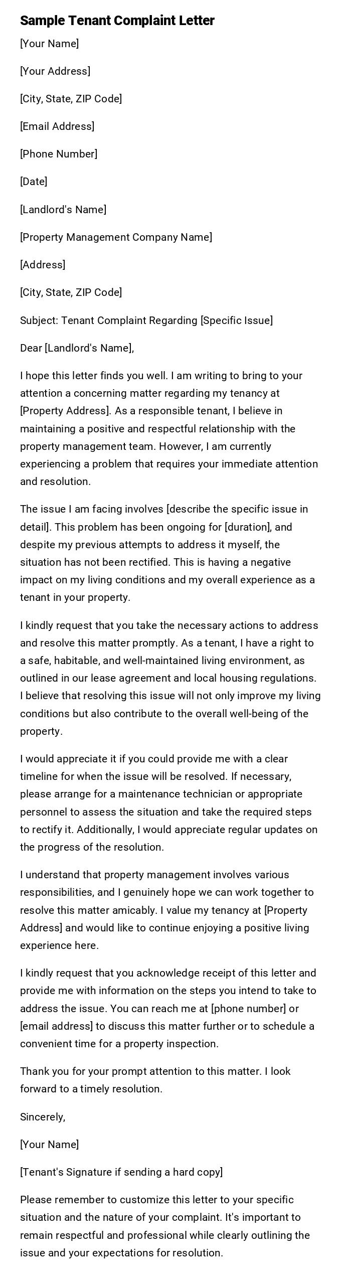 Sample Tenant Complaint Letter