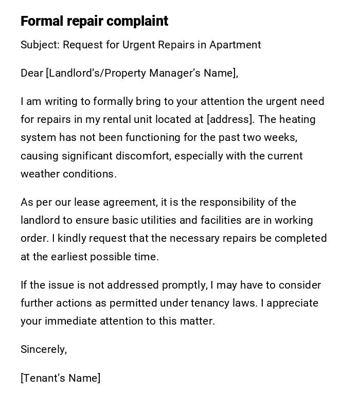 Formal repair complaint Formal repair complaint