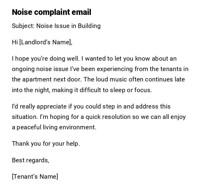 Noise complaint email Noise complaint email