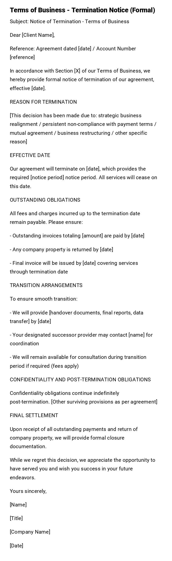 Terms of Business - Termination Notice (Formal) Terms of Business - Termination Notice (Formal)