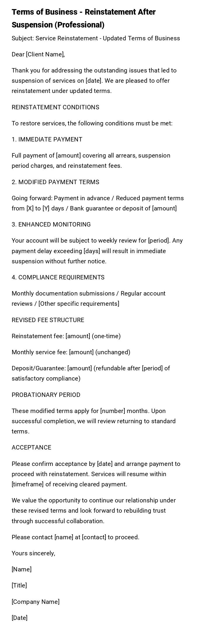 Terms of Business - Reinstatement After Suspension (Professional) Terms of Business - Reinstatement After Suspension (Professional)