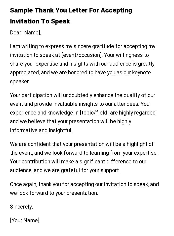 Sample Thank You Letter For Accepting Invitation To Speak