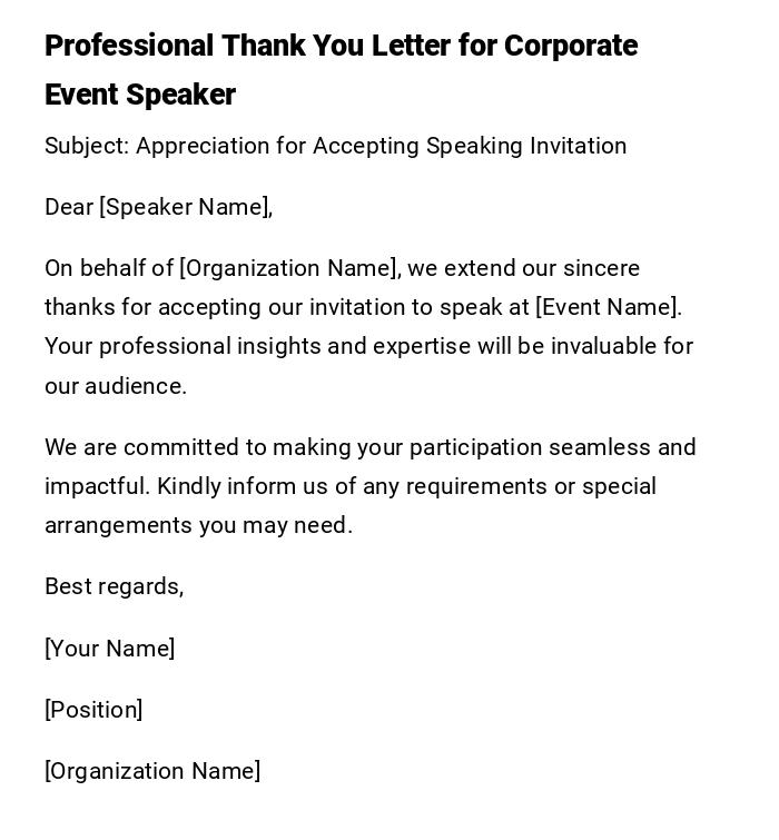 Professional Thank You Letter for Corporate Event Speaker Professional Thank You Letter for Corporate Event Speaker