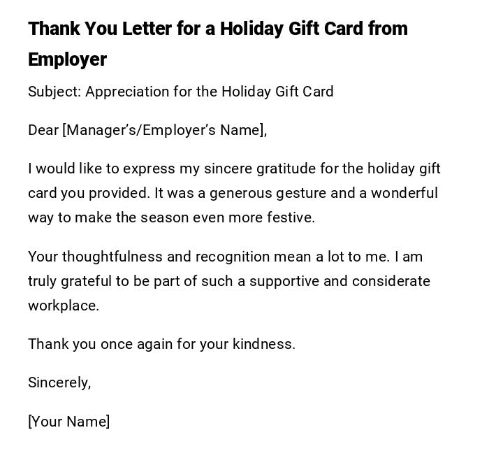 Thank You Letter for a Holiday Gift Card from Employer Thank You Letter for a Holiday Gift Card from Employer