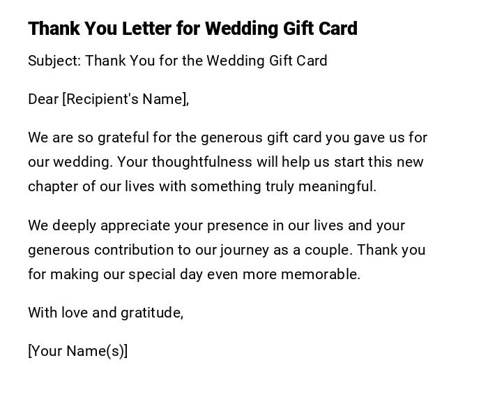 Thank You Letter for Wedding Gift Card Thank You Letter for Wedding Gift Card