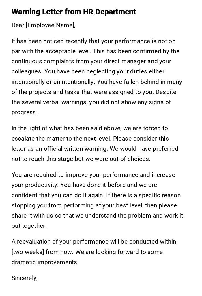 Warning Letter from HR Department