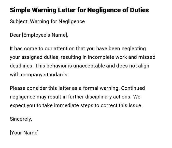 Simple Warning Letter for Negligence of Duties
