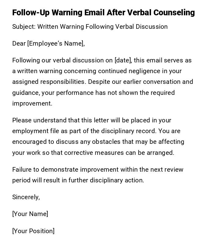 Follow-Up Warning Email After Verbal Counseling