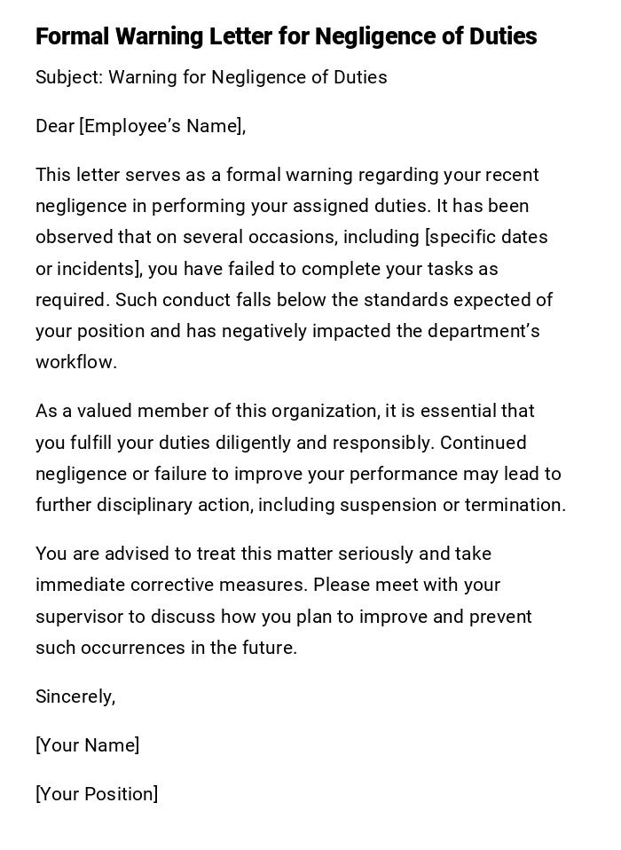 Formal Warning Letter for Negligence of Duties