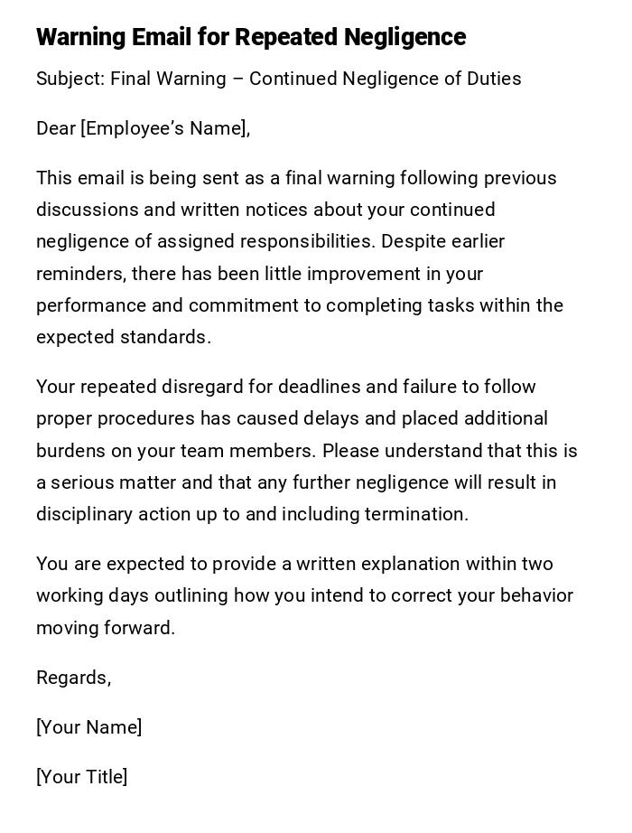 Warning Email for Repeated Negligence