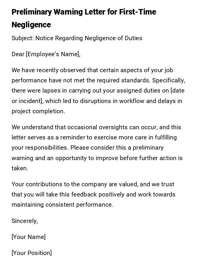Preliminary Warning Letter for First-Time Negligence