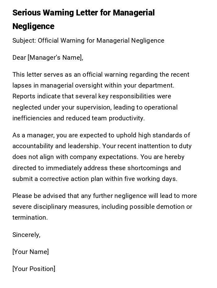 Serious Warning Letter for Managerial Negligence