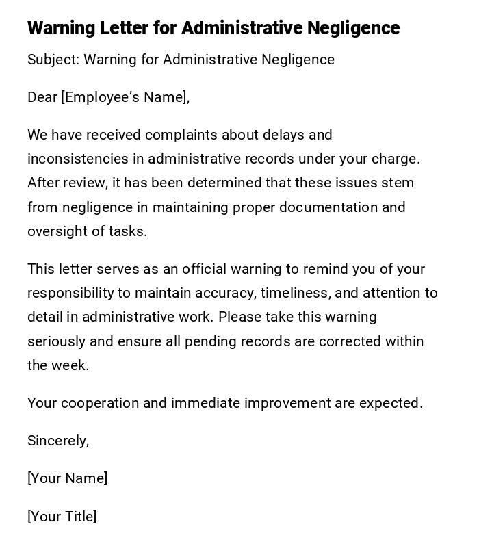 Warning Letter for Administrative Negligence